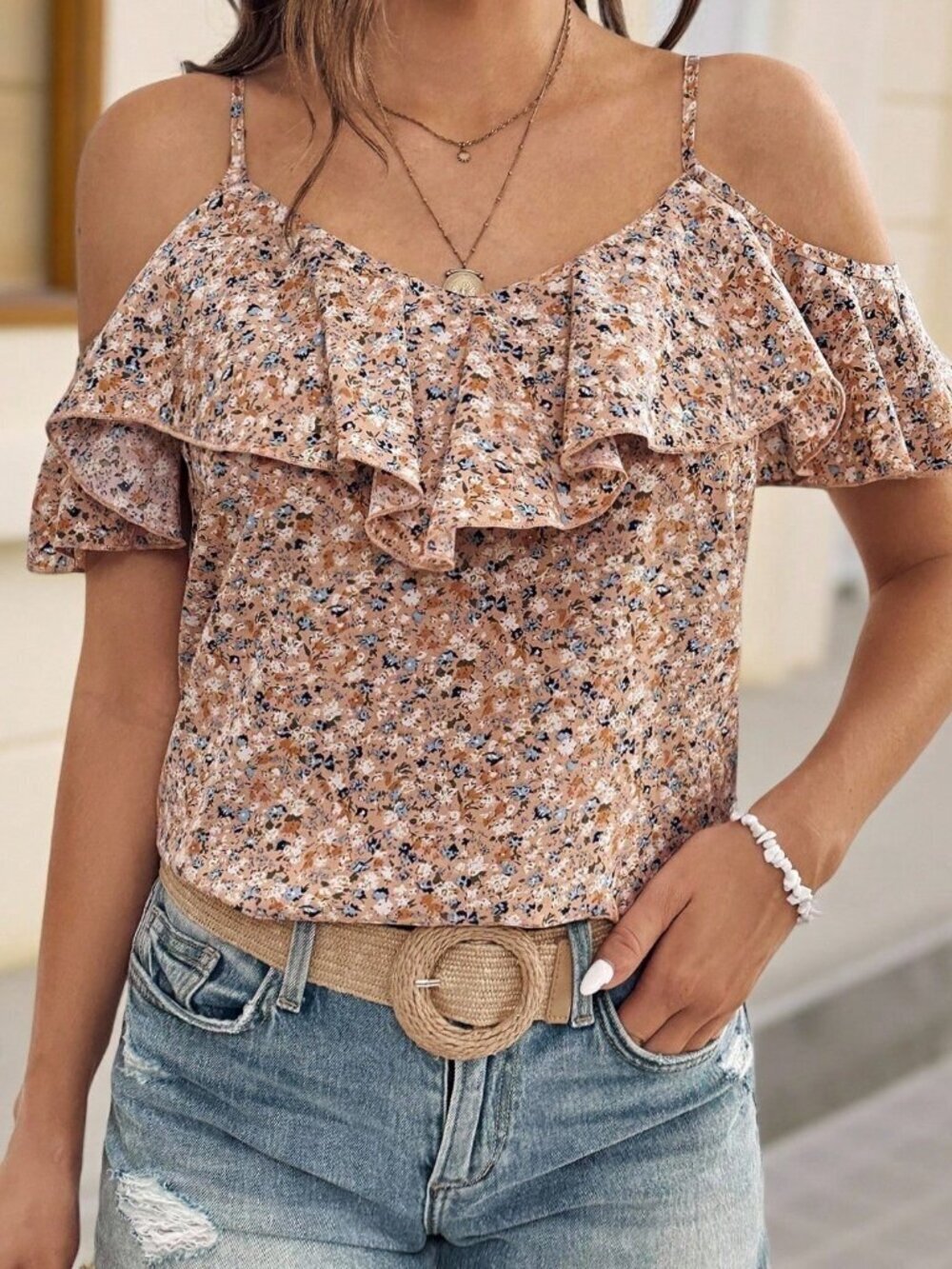 Multicolor Boho Women's Floral Print Halter Neck Ruffle Hem Camisole Shirt